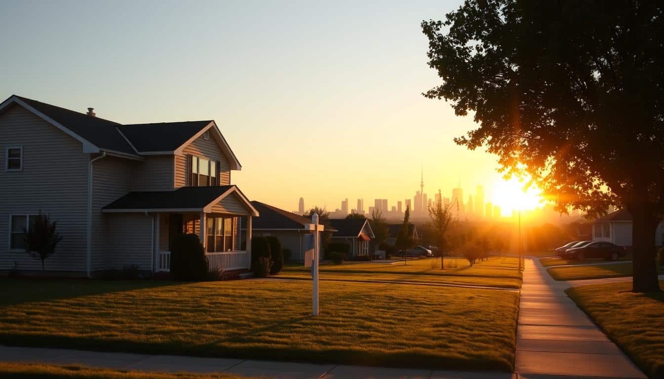 A serene suburban neighborhood at golden hour, with a modest two-story house in the foreground, its front lawn neatly trimmed. The sun's warm glow casts gentle shadows, creating a sense of tranquility. In the middle ground, a "For Sale" sign stands, hinting at the house's foreclosure. The background features a distant city skyline, its skyscrapers silhouetted against a vibrant, amber-hued sky. The overall atmosphere conveys a bittersweet mood, reflecting the redemption period - a chance for the homeowner to reclaim their property before it's too late.