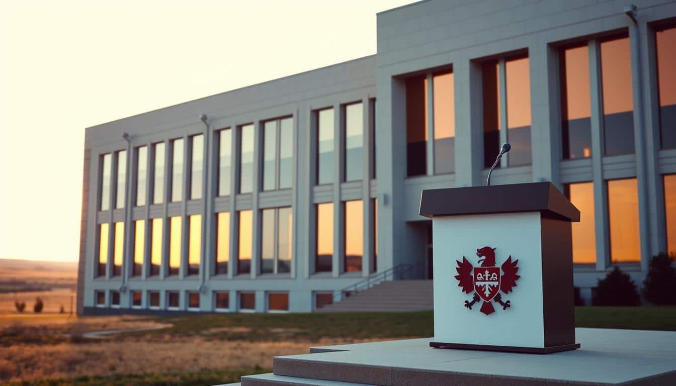 A stately government building with a clean, minimalist facade stands tall against a backdrop of Alberta's rolling prairies. The structure's windows reflect the warm glow of the setting sun, casting a soft light across the scene. In the foreground, a podium with the Alberta coat of arms sits atop a stepped platform, suggesting an official legal proceeding. The overall atmosphere is one of authority, order, and the rule of law - capturing the essence of Alberta's property forfeiture statutes.