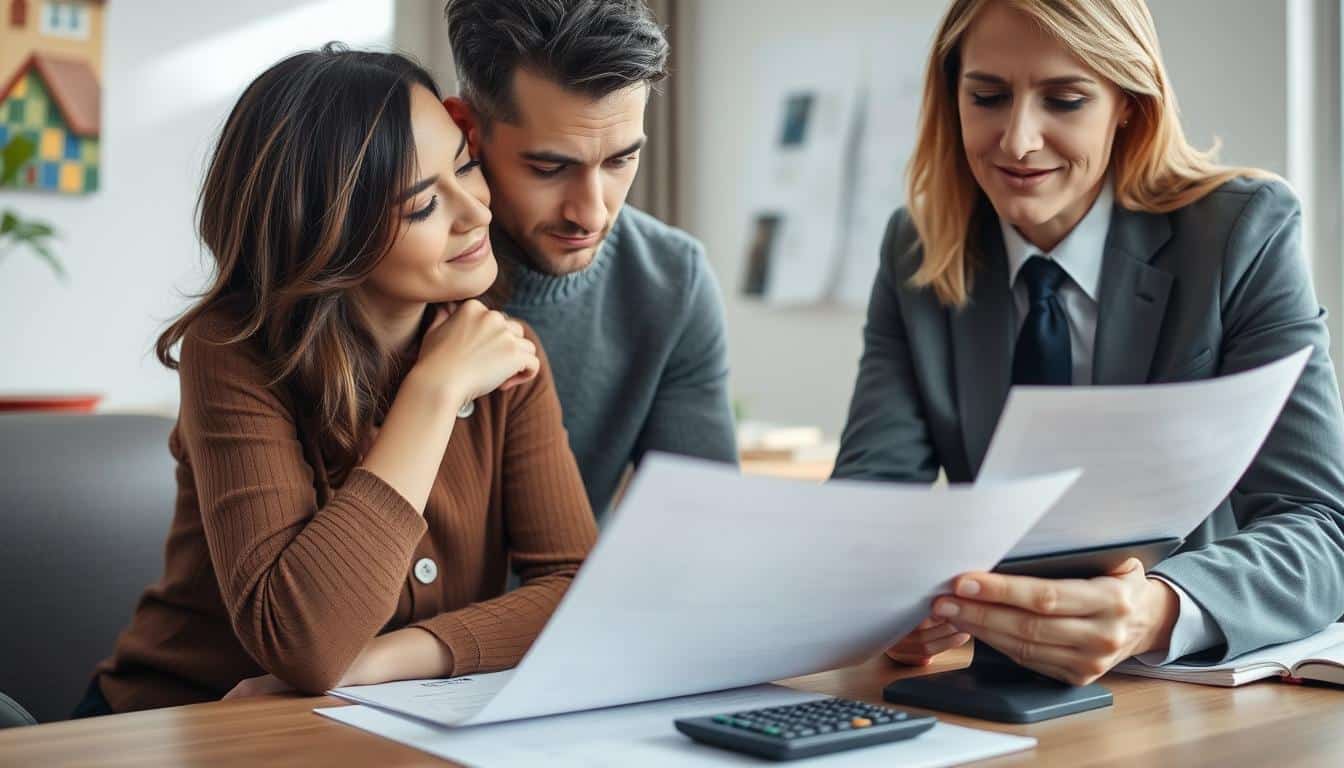 Create an image of a Calgary homeowner reviewing financial documents with a mortgage expert.