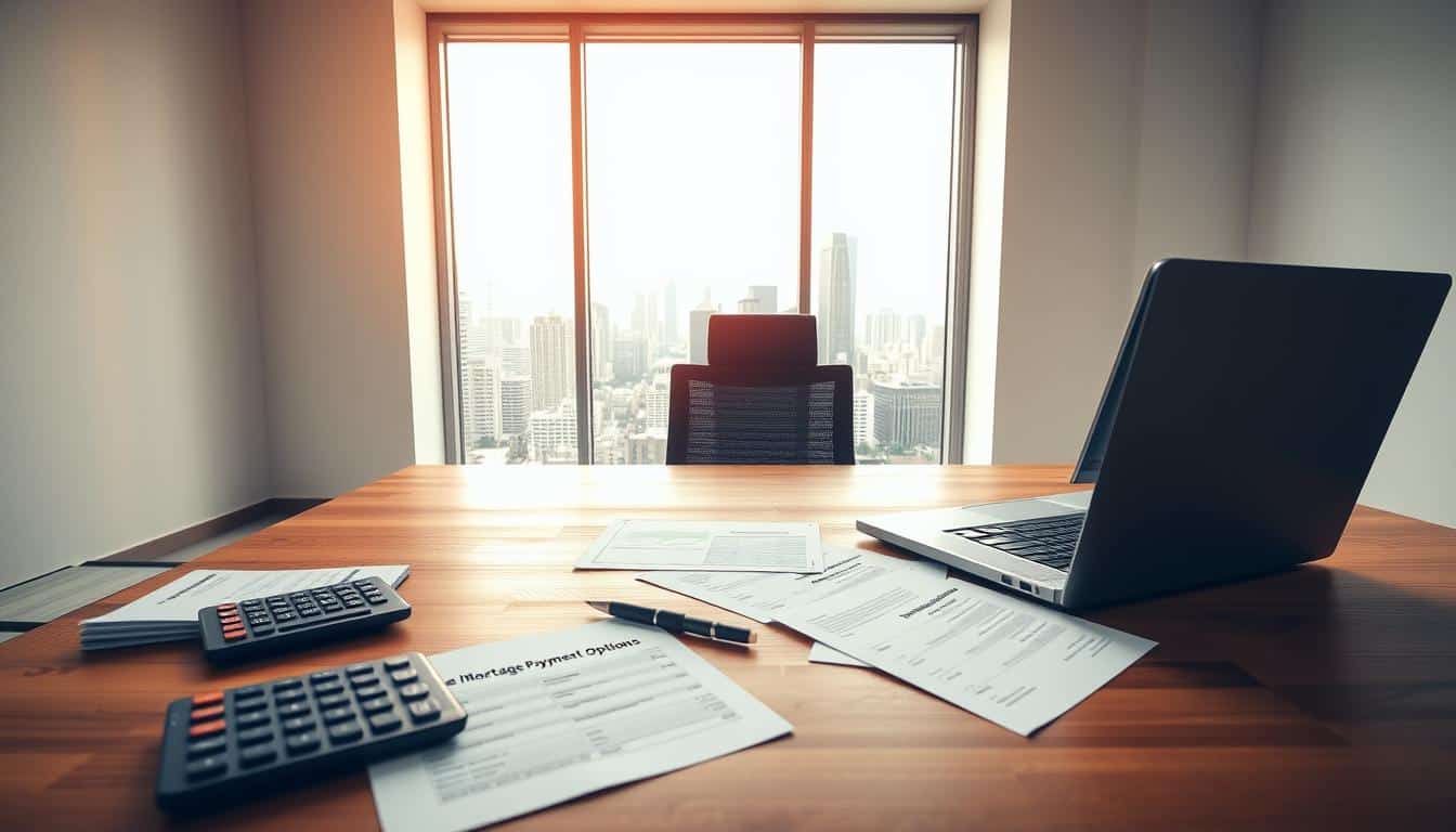 A modern office interior with a wide wooden desk, a laptop, and various financial documents. In the foreground, a calculator, a pen, and a stack of paperwork labeled "Second Mortgage Payment Options". The middle ground features a large window overlooking a cityscape, with warm, natural lighting filtering in. The background is a clean, minimalist wall with subtle textural details. The overall atmosphere conveys a sense of professionalism, organization, and financial diligence.