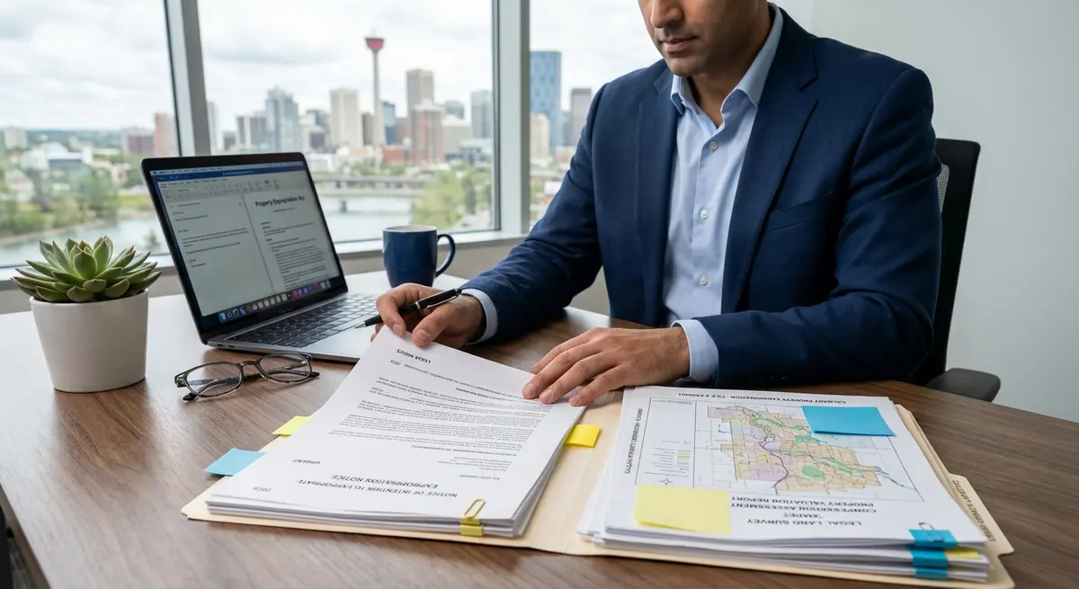 Calgary property expropriation notice and legal documents on a desk