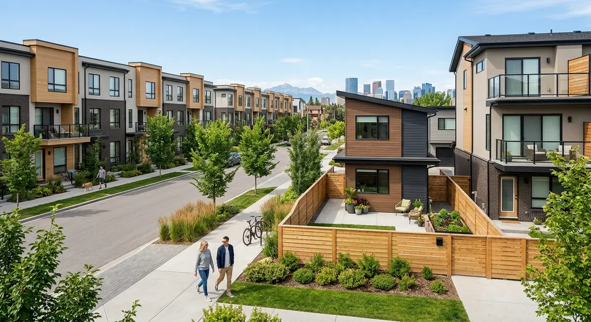 A modern Calgary neighborhood showcasing new rowhouses and backyard suites permitted under the 2026 zoning bylaw changes