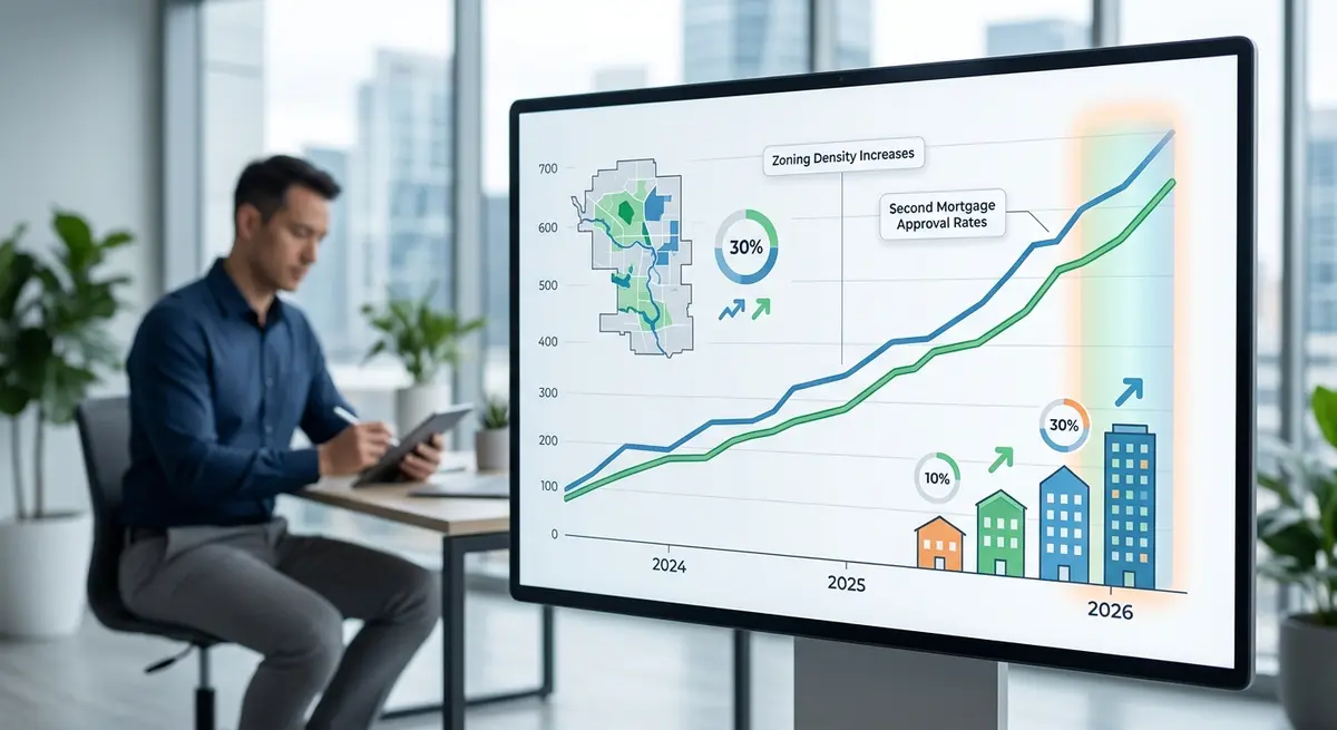 A financial chart showing the correlation between Calgary zoning density increases and higher second mortgage approval rates in 2026