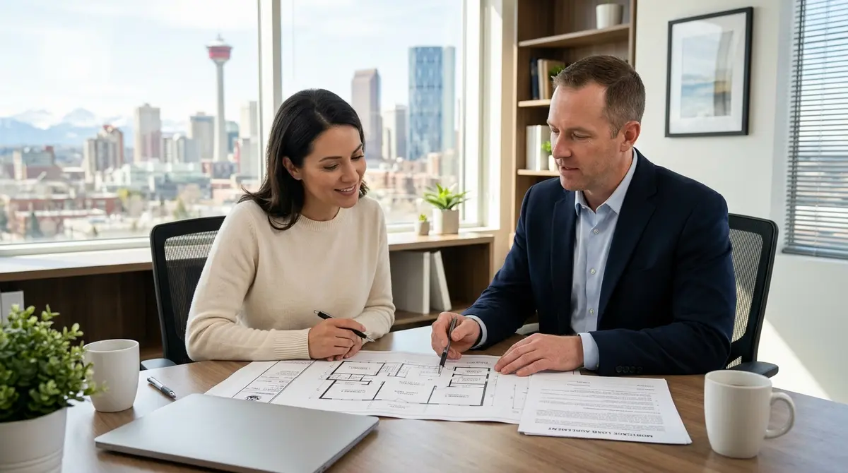 A homeowner reviewing mortgage documents and property blueprints with a financial advisor in Calgary