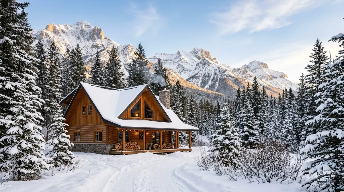 A picturesque winterized cabin in the Alberta Rockies, representing the type of vacation home purchased using home equity financing.