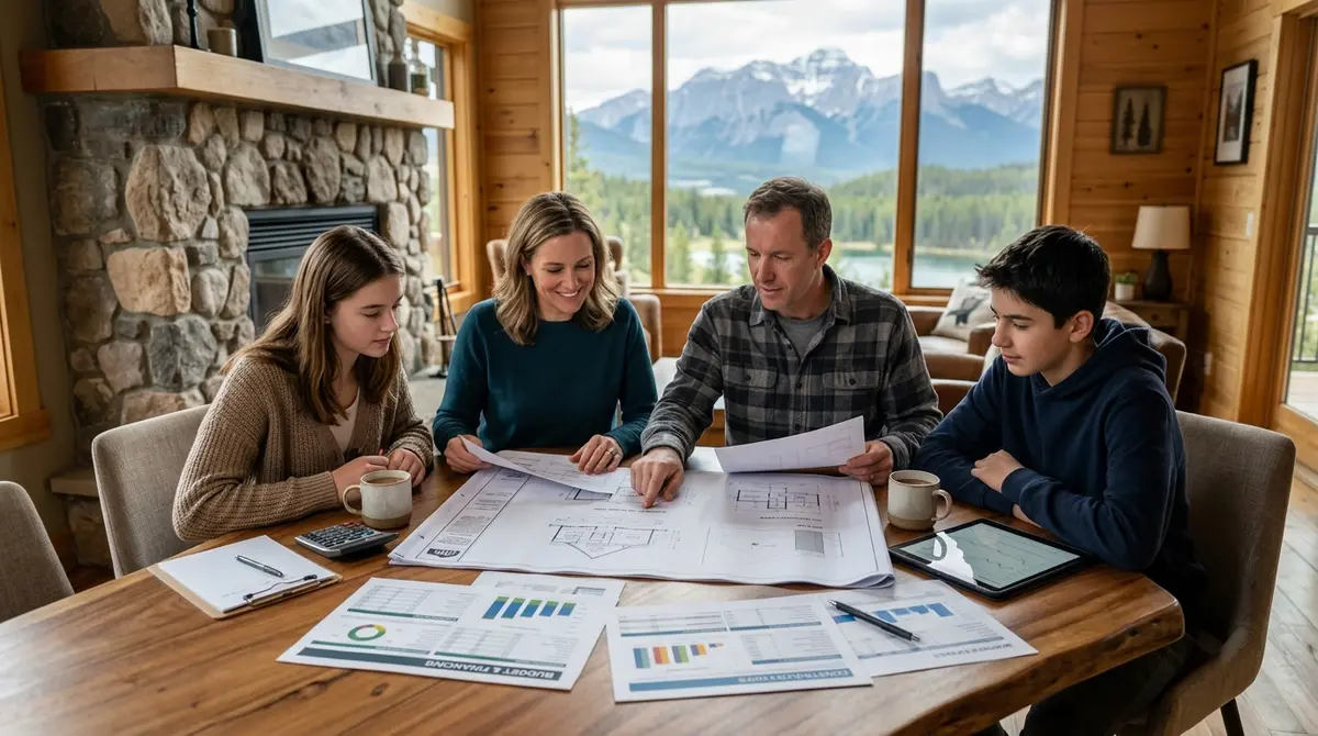 A family reviewing financial documents and blueprints for their new recreational property in Alberta.