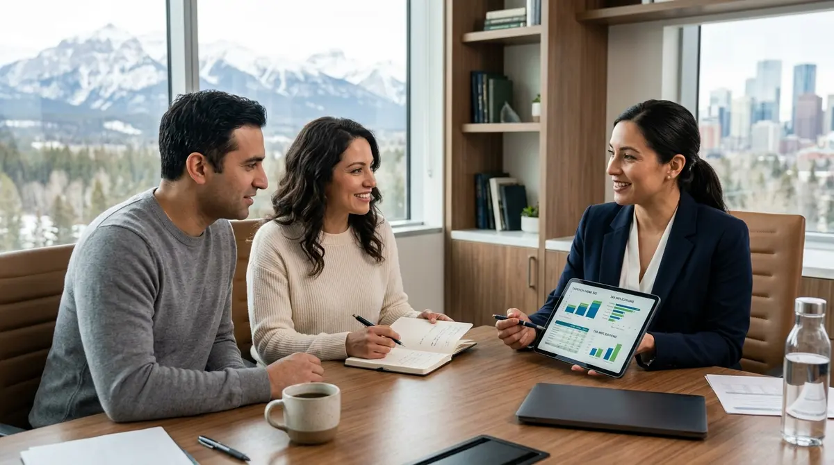 A couple consulting with a financial advisor to discuss the tax implications and ROI of purchasing an Alberta vacation home.