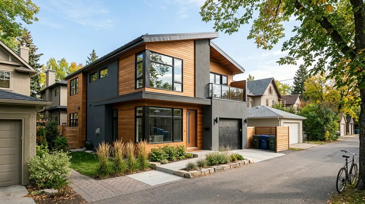 Modern laneway home exterior in a Calgary residential neighborhood