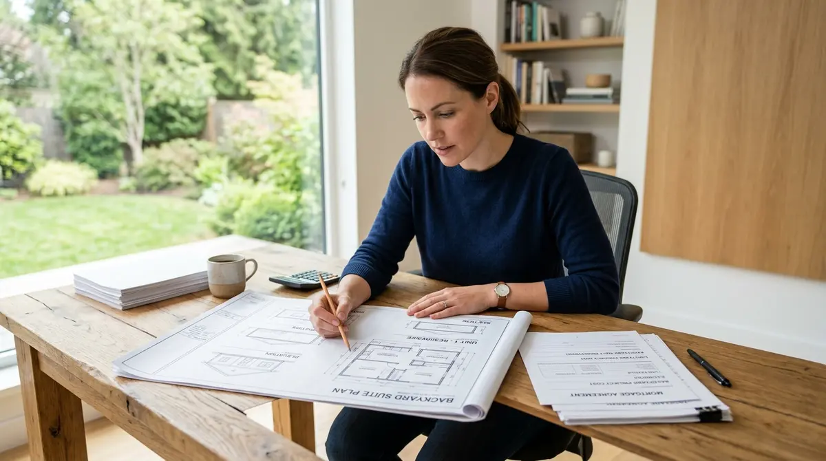 Homeowner reviewing architectural blueprints and mortgage documents for a backyard suite