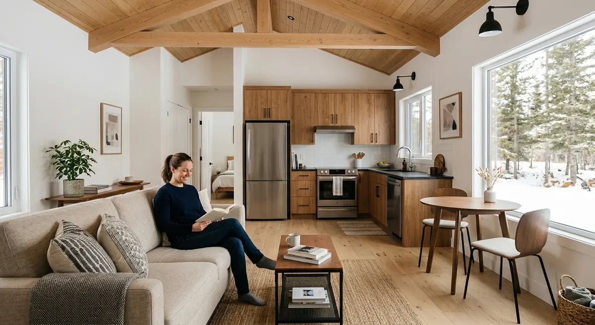 Interior view of a newly constructed, fully furnished backyard suite in Alberta