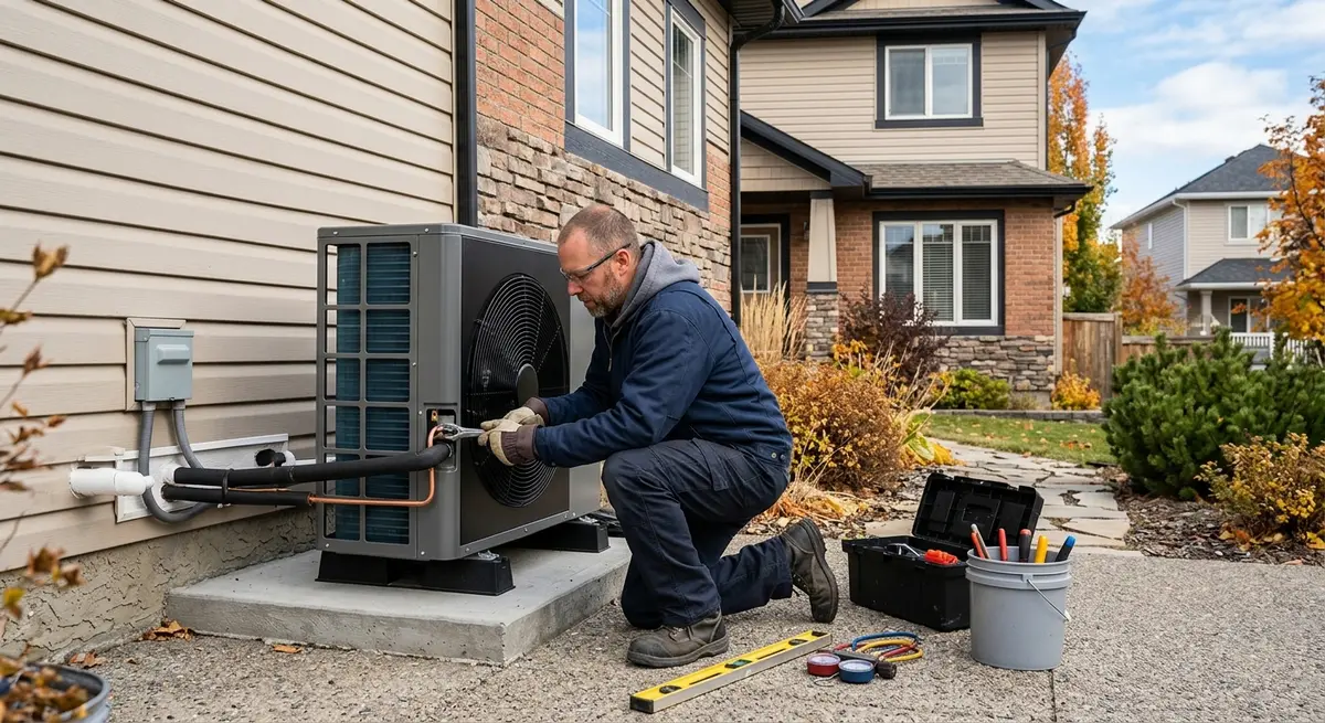Contractor installing a cold-climate heat pump outside a Calgary residence