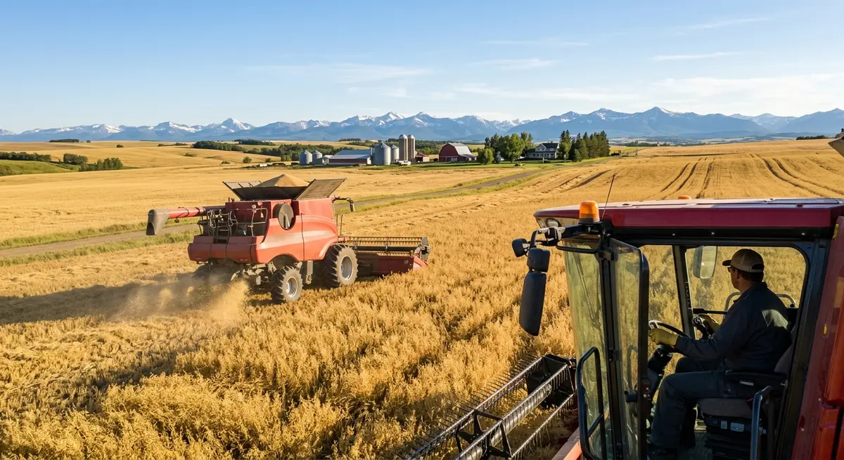Modern combine harvester operating on a rural Calgary farm financed through property equity