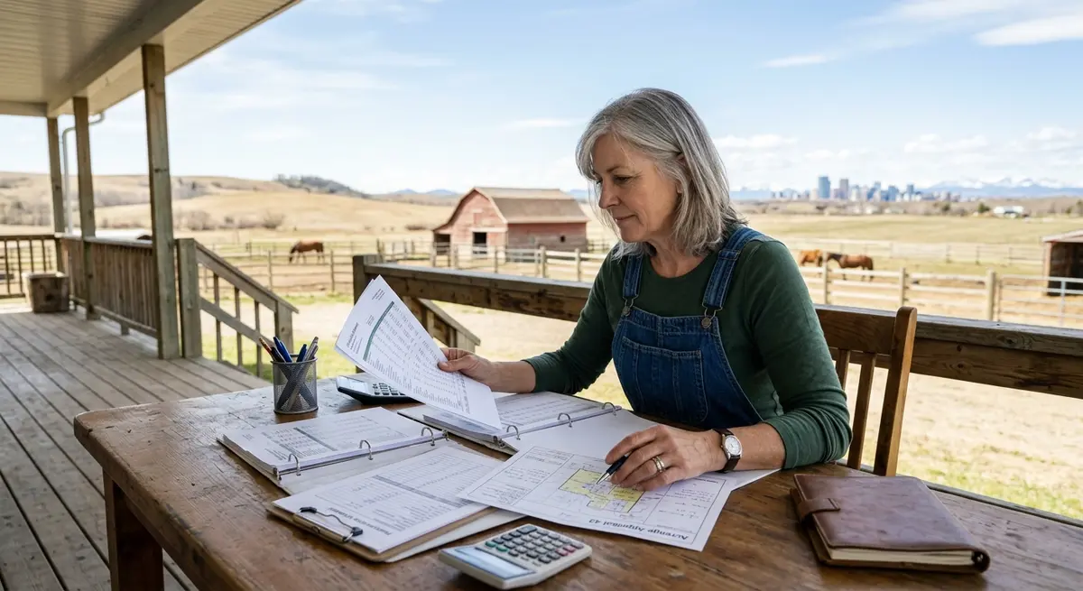 Farmer reviewing financial documents and property appraisal on a rural Calgary acreage
