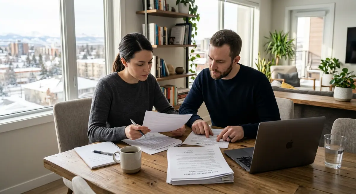 Two siblings reviewing legal real estate buyout documents at a dining table in Calgary