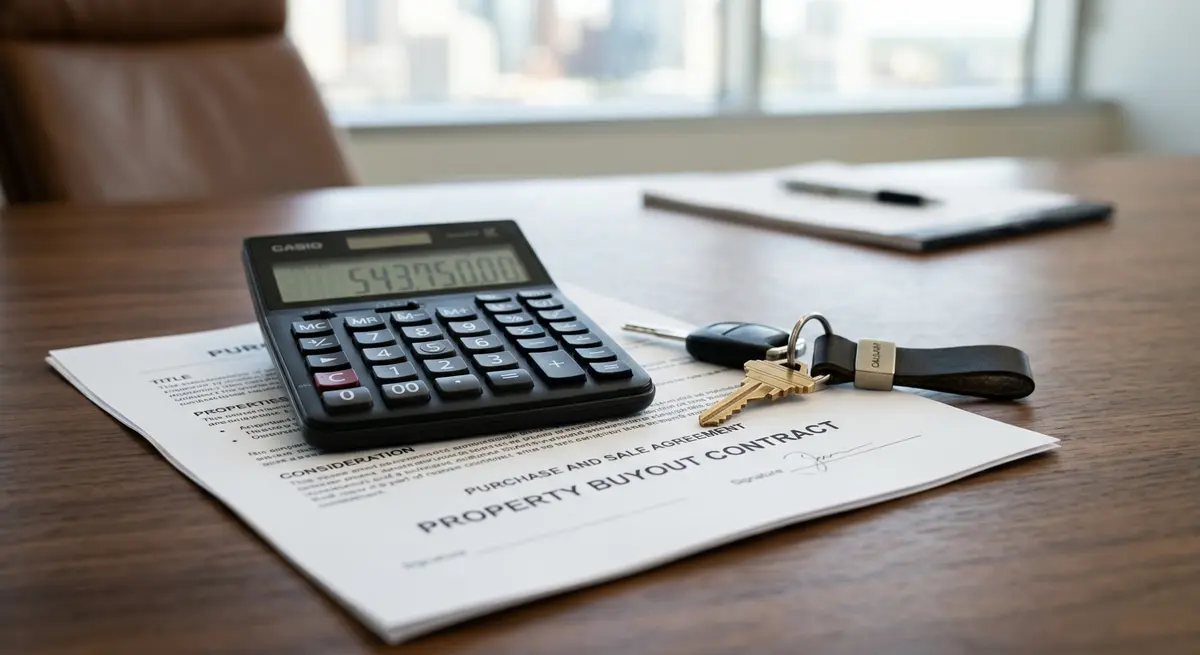 Close up of a calculator, legal contract, and house keys representing a Calgary property buyout calculation