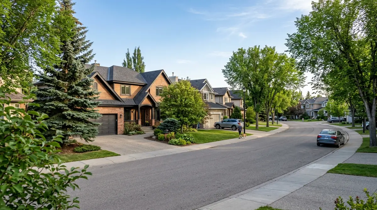 A residential street in Alberta highlighting a home with a complex real estate history