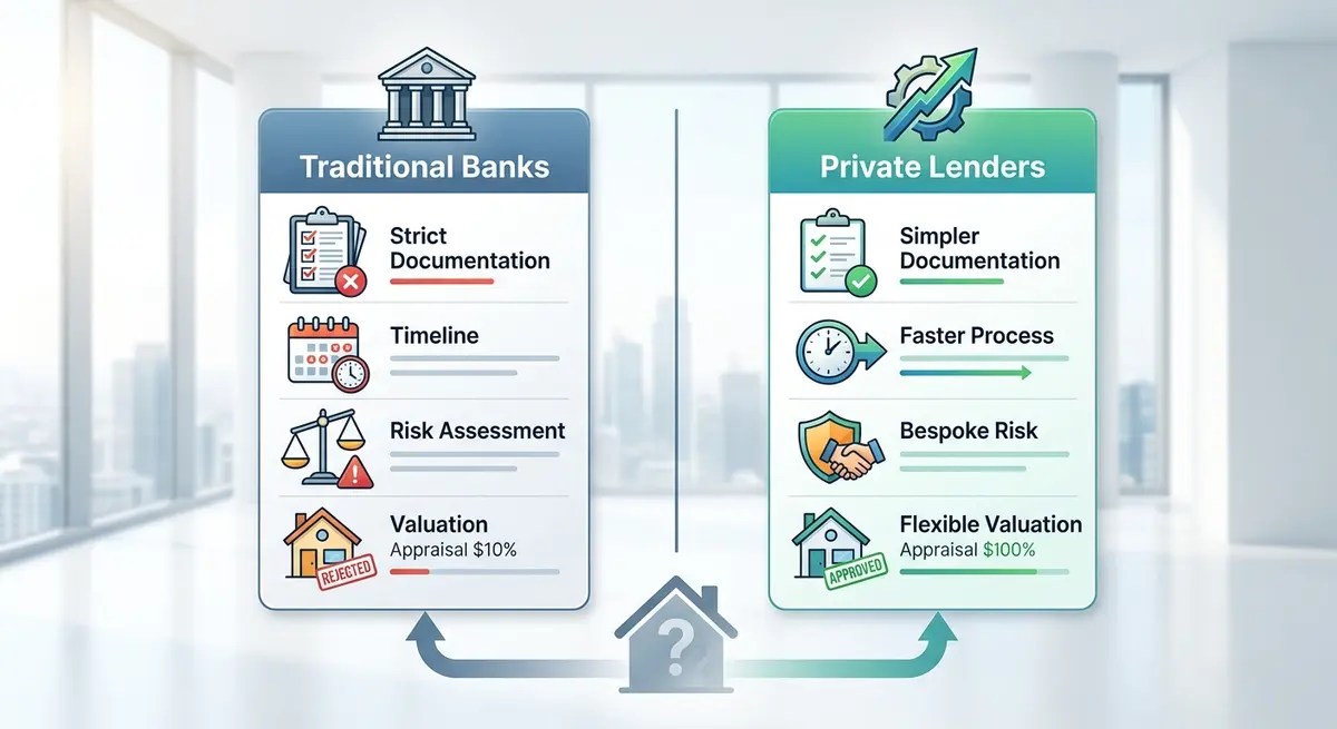 Comparison chart showing traditional bank versus private lender requirements for stigmatized properties