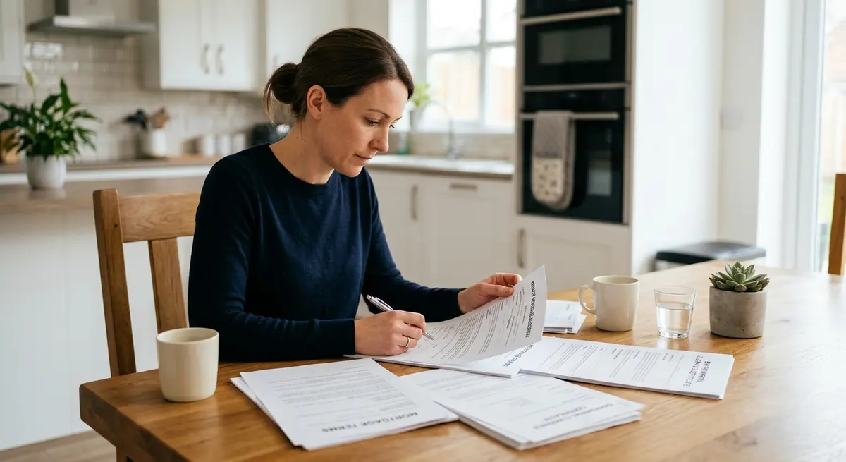 A homeowner reviewing private mortgage documents and environmental clearance certificates at a kitchen table