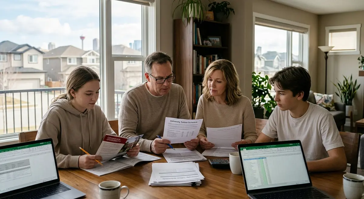 A Calgary family reviewing university tuition costs and home equity loan documents at their dining table
