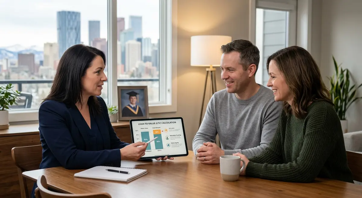 A financial advisor explaining loan-to-value ratios to a Calgary homeowner seeking to fund their child's education