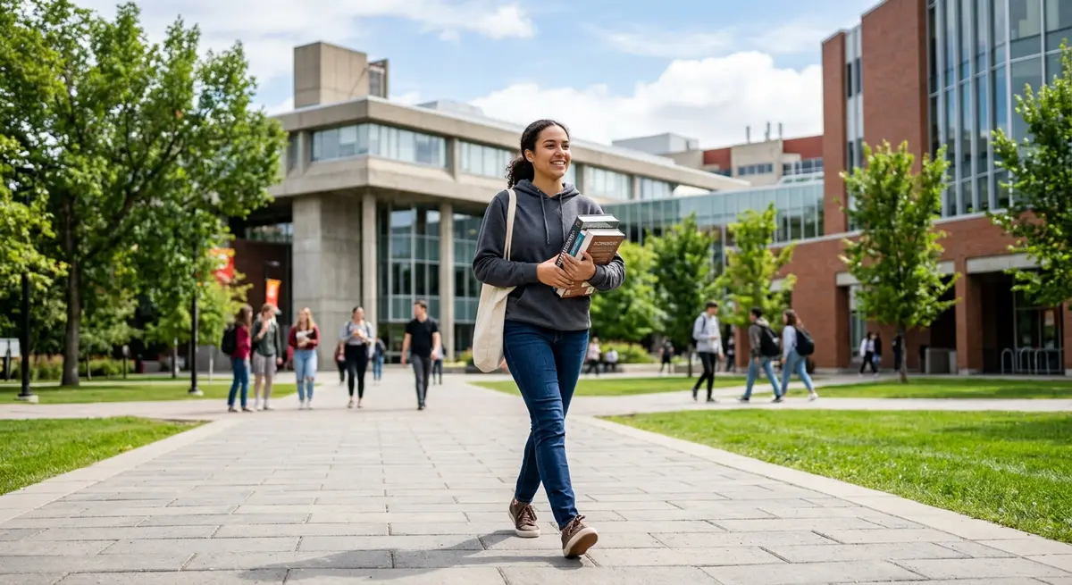 A university student walking across the University of Calgary campus holding textbooks