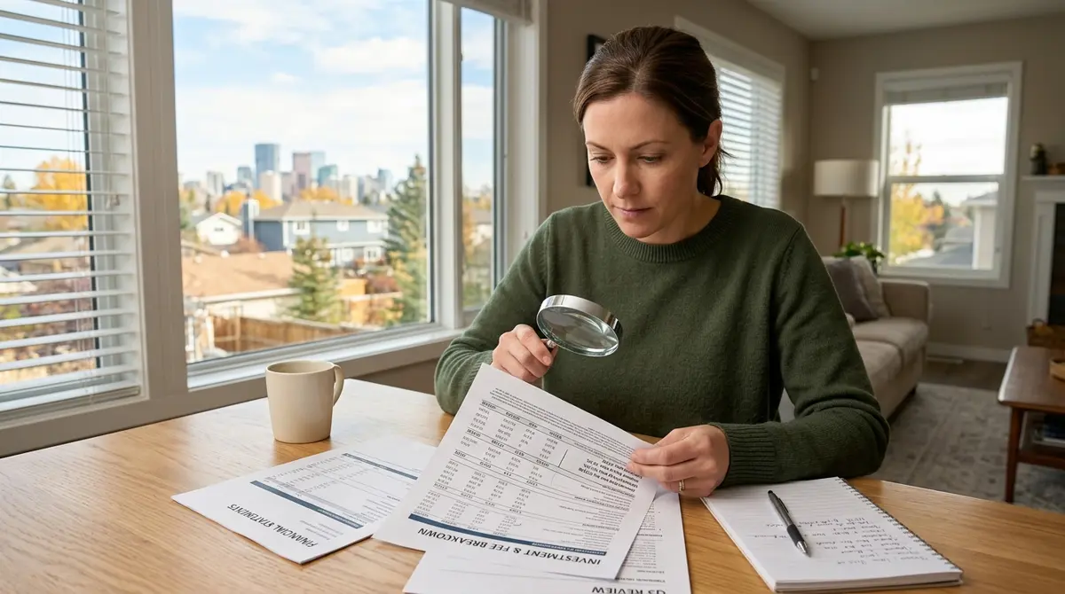 Calgary homeowner reviewing financial documents with a magnifying glass to spot hidden fees