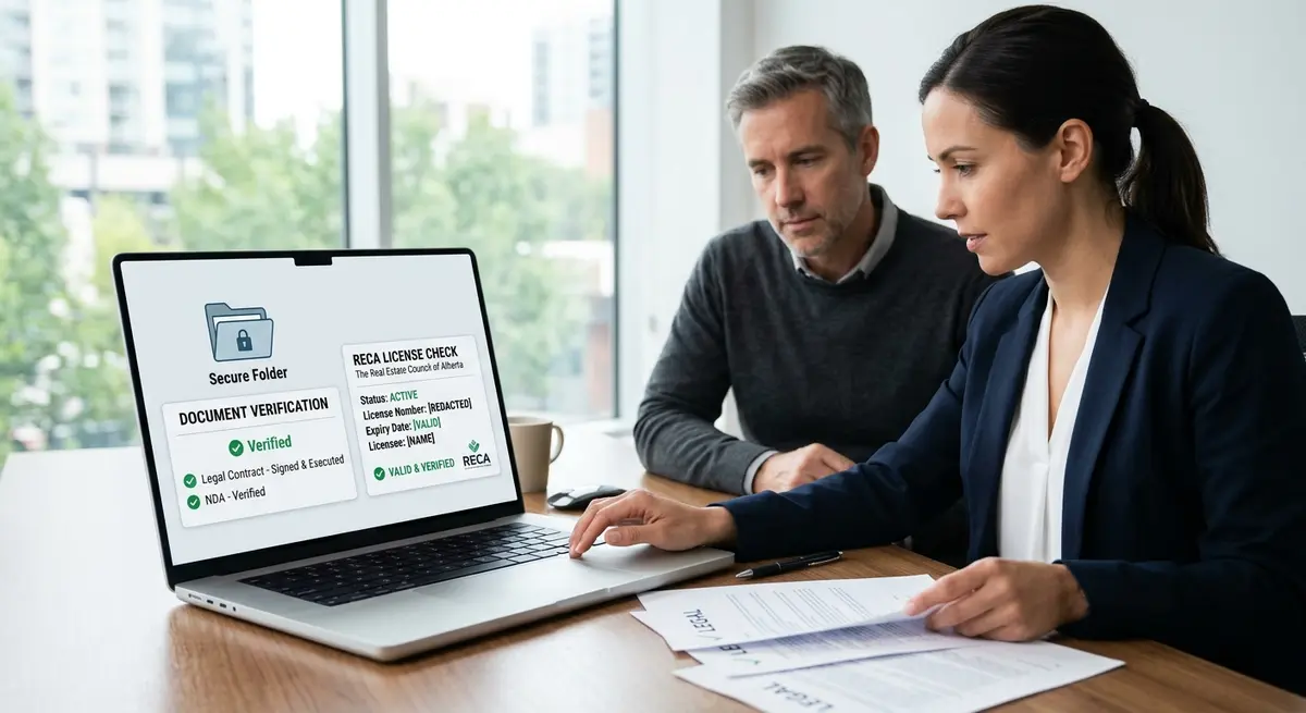 A secure folder with verified legal documents and a RECA license check on a laptop screen
