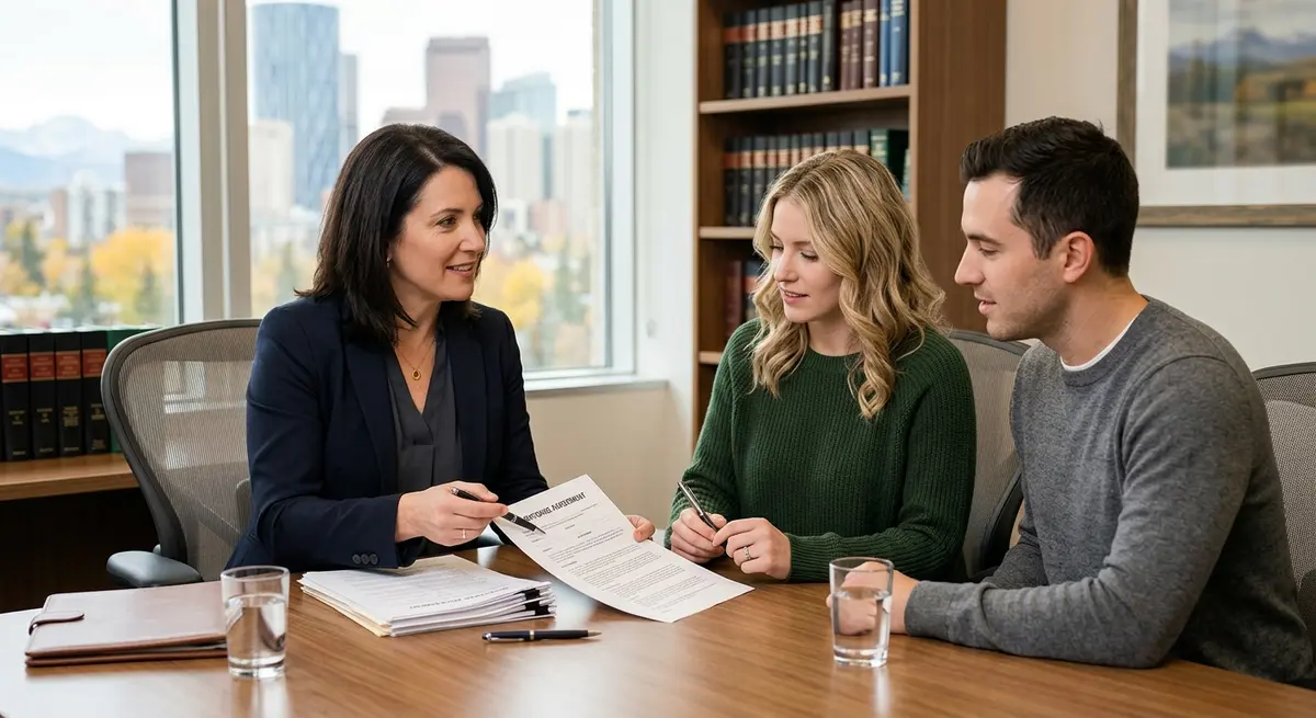 Lawyer explaining mortgage documents to a client in an Alberta law office