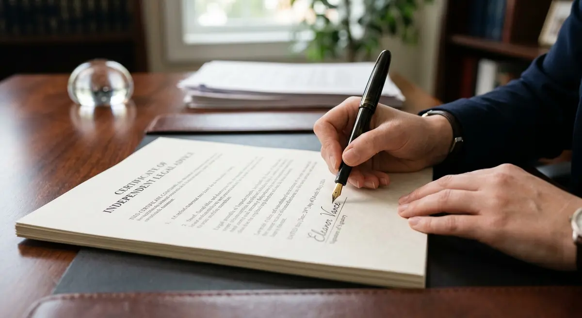 Close up of a Certificate of Independent Legal Advice being signed with a fountain pen