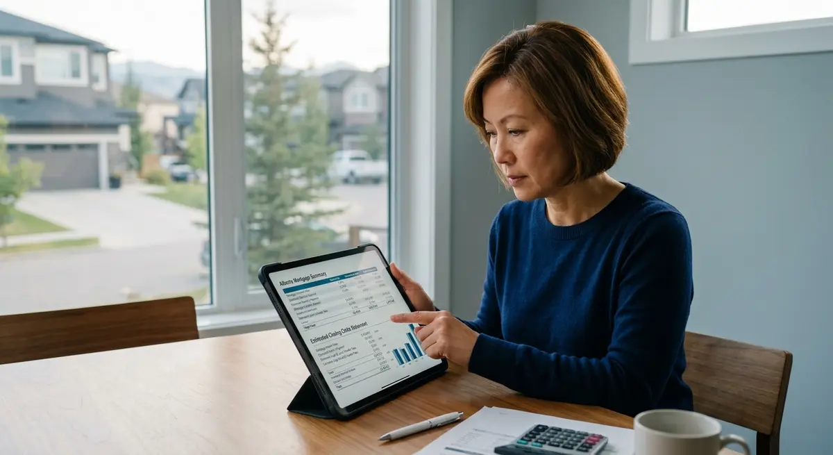 Alberta homeowner reviewing mortgage costs and legal fees on a digital tablet