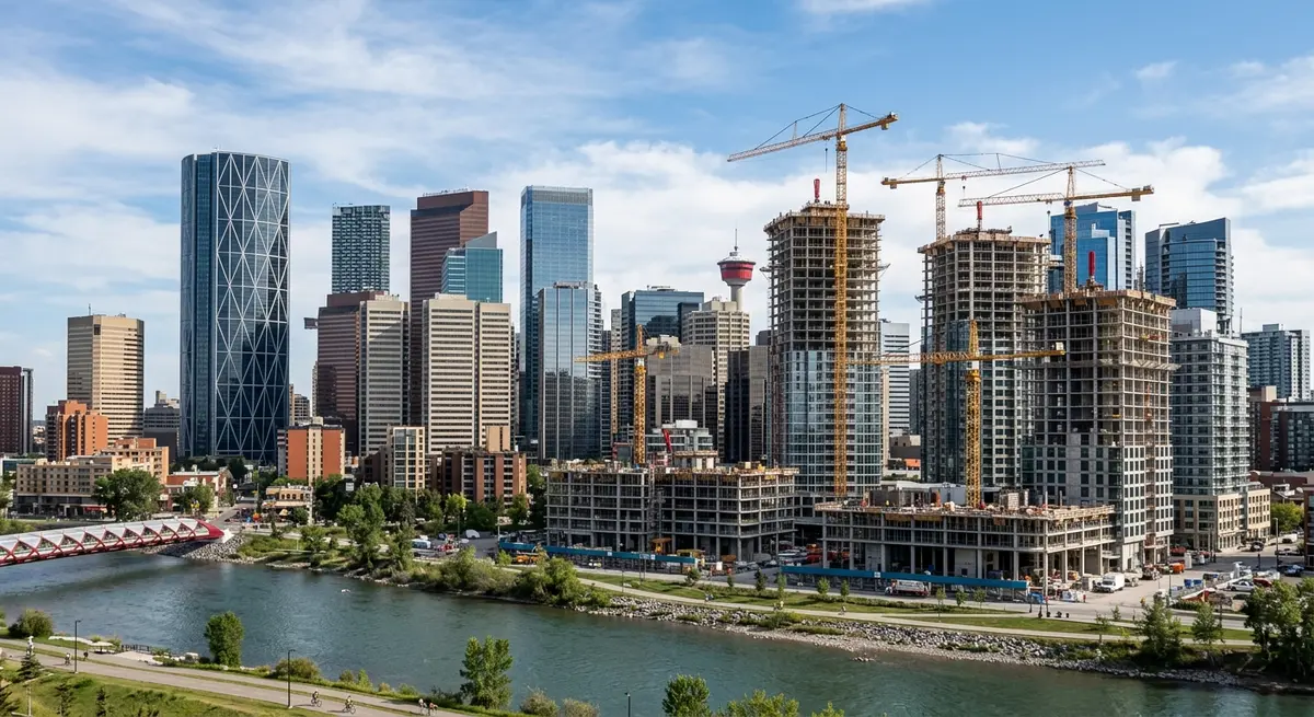 Calgary skyline showing new pre-construction condo developments under construction