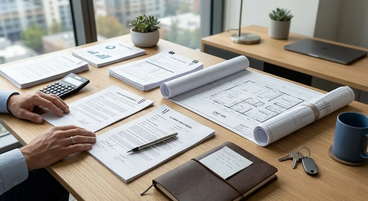 Financial documents and blueprints on a desk representing condo closing paperwork