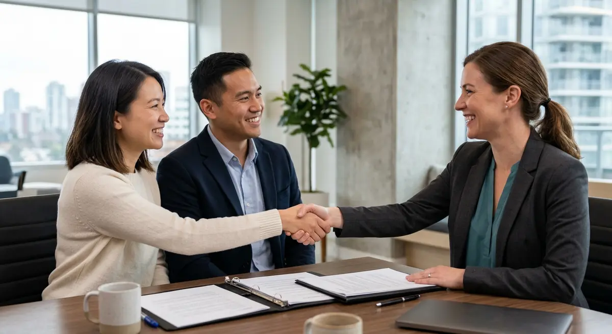 Couple shaking hands with a mortgage broker after successfully funding their condo closing