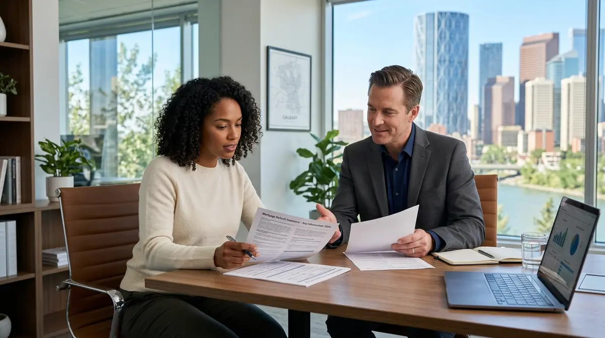 A Calgary homebuyer reviewing mortgage default insurance documents with a financial advisor in 2026