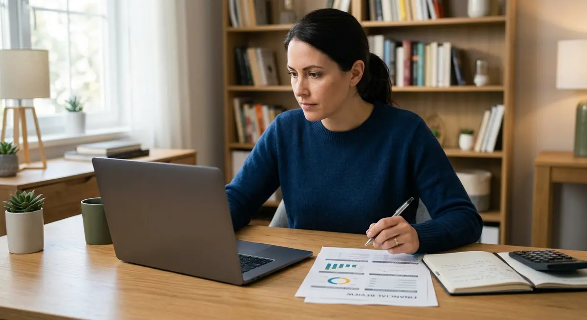 A person reviewing financial documents and credit reports on a laptop to rebuild their score
