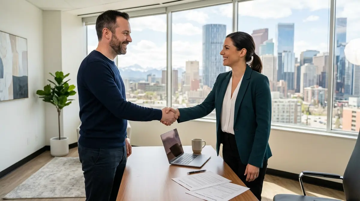 A Calgary homeowner shaking hands with a financial advisor after successfully securing a new mortgage