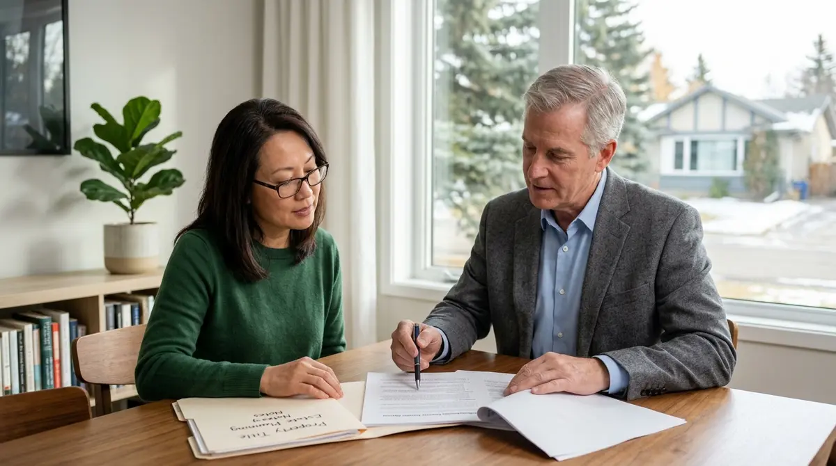 A Calgary homeowner reviewing legal documents with a financial advisor to understand voluntary property transfer options