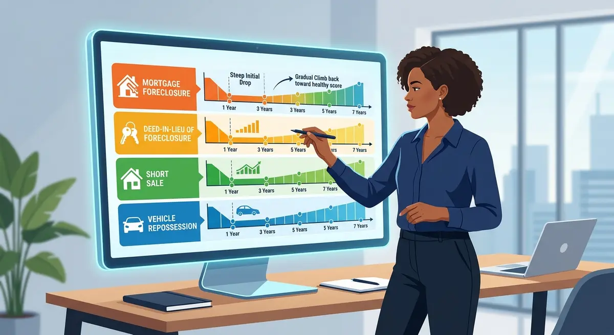 A detailed comparison chart showing credit score recovery timelines after different types of property surrender
