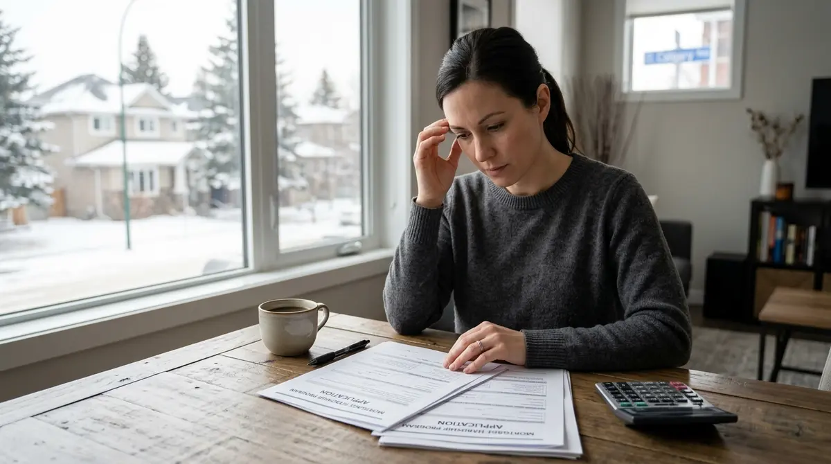 Calgary homeowner reviewing financial documents and mortgage hardship program applications at a dining table