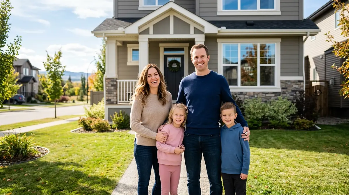 Happy Calgary family standing in front of their home after successfully navigating a mortgage hardship program