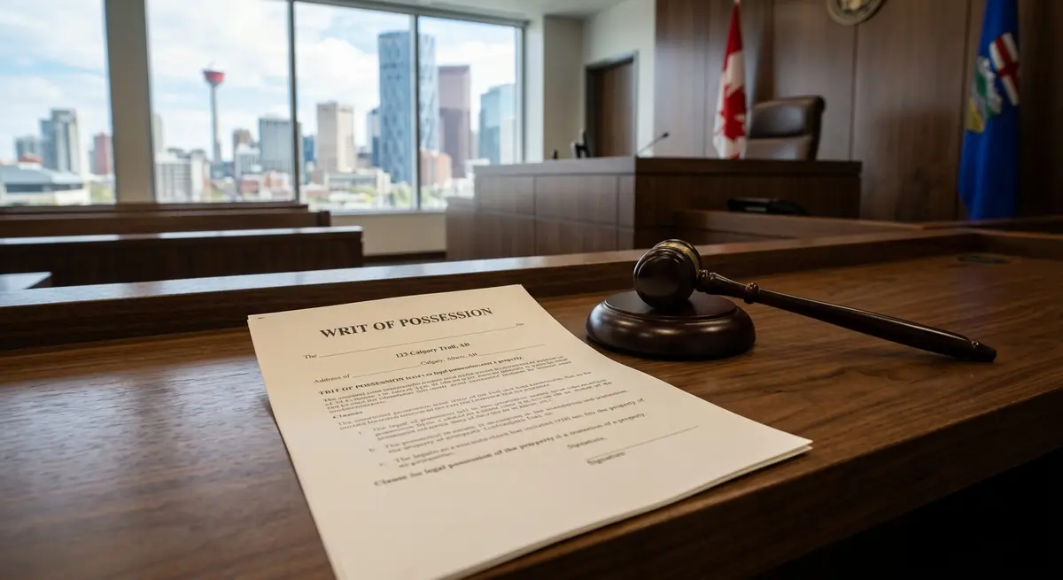 A legal document titled Writ of Possession resting on a wooden desk next to a judge's gavel in a Calgary courtroom
