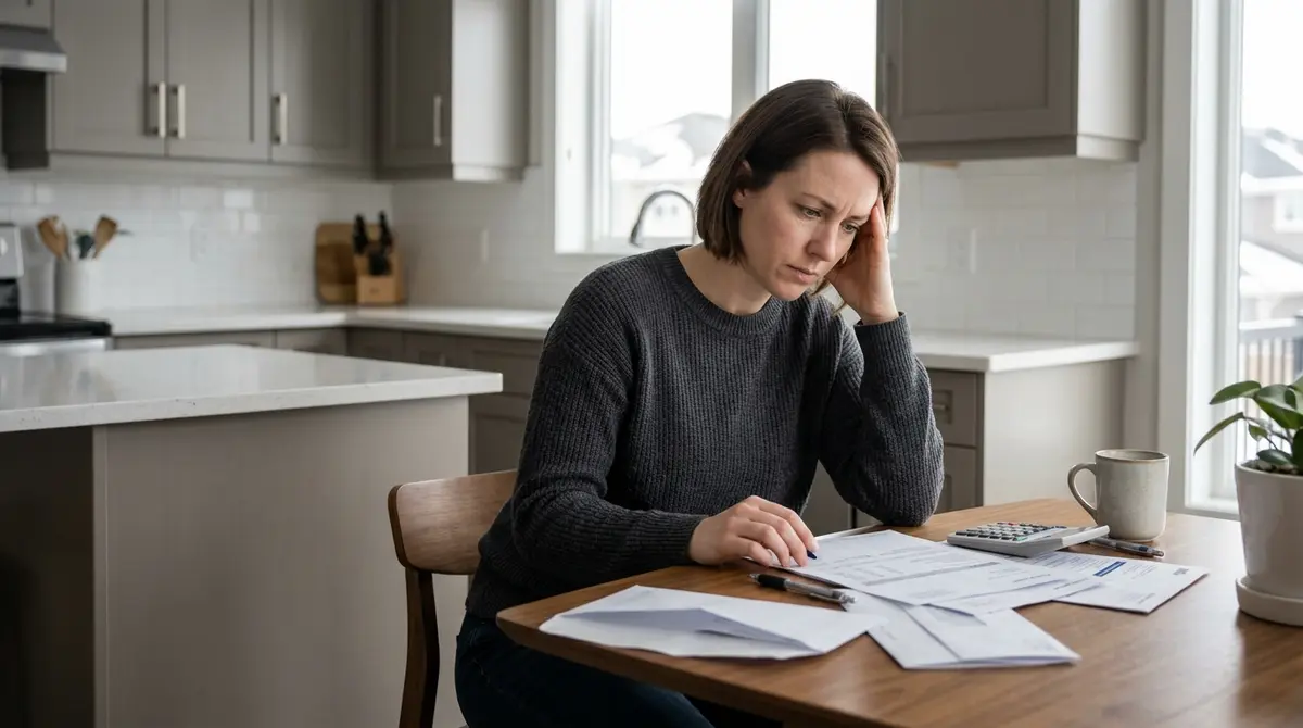 A Calgary homeowner sitting at a kitchen table reviewing financial documents and mortgage statements with a stressed expression