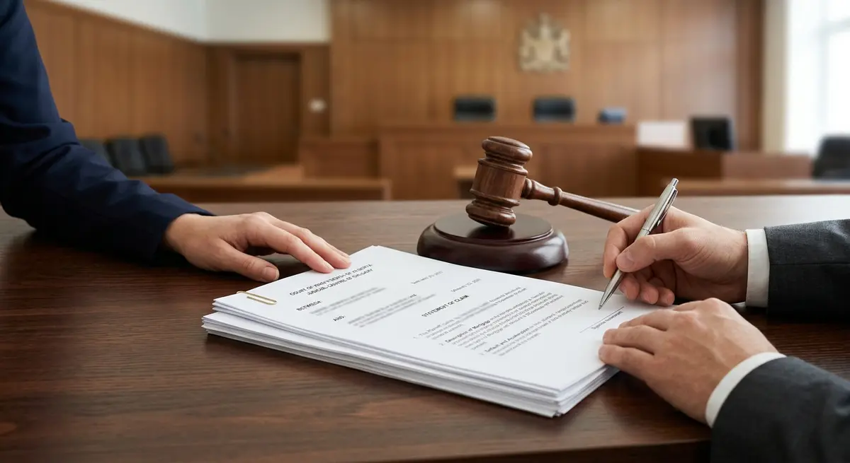 Legal documents and a gavel representing the filing of a Statement of Claim in Alberta foreclosure court