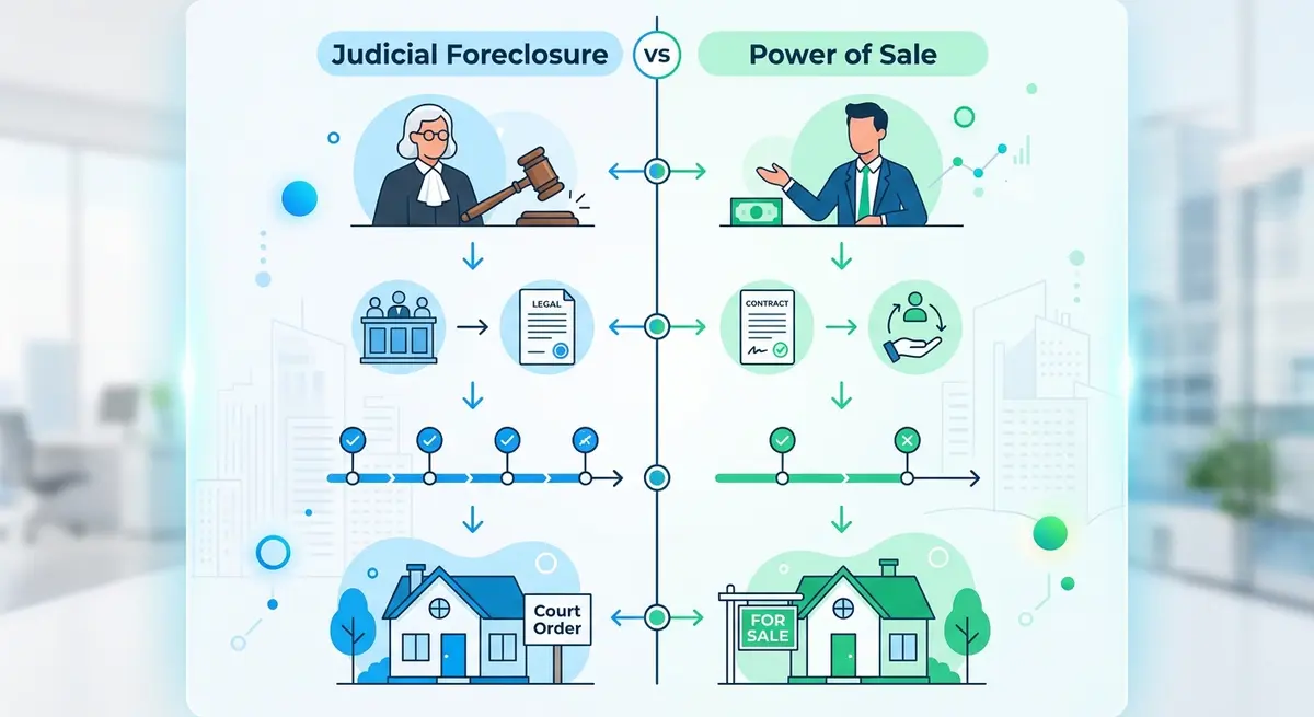 Comparison chart showing the differences between judicial foreclosure and power of sale in Canadian real estate