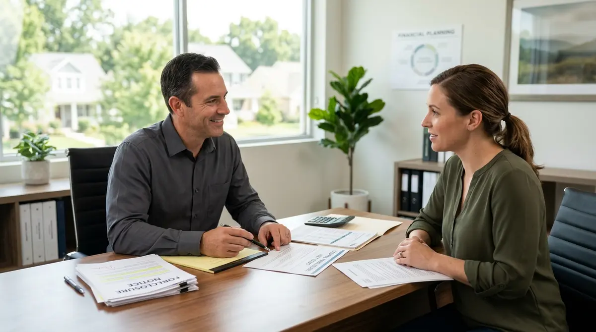 A homeowner consulting with a financial advisor to halt foreclosure proceedings and save their property
