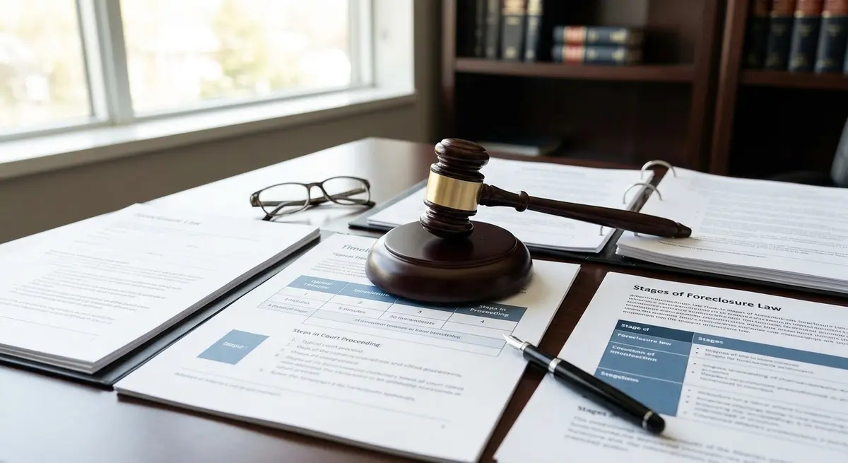 Legal documents and a gavel representing the Alberta foreclosure timeline and court procedures