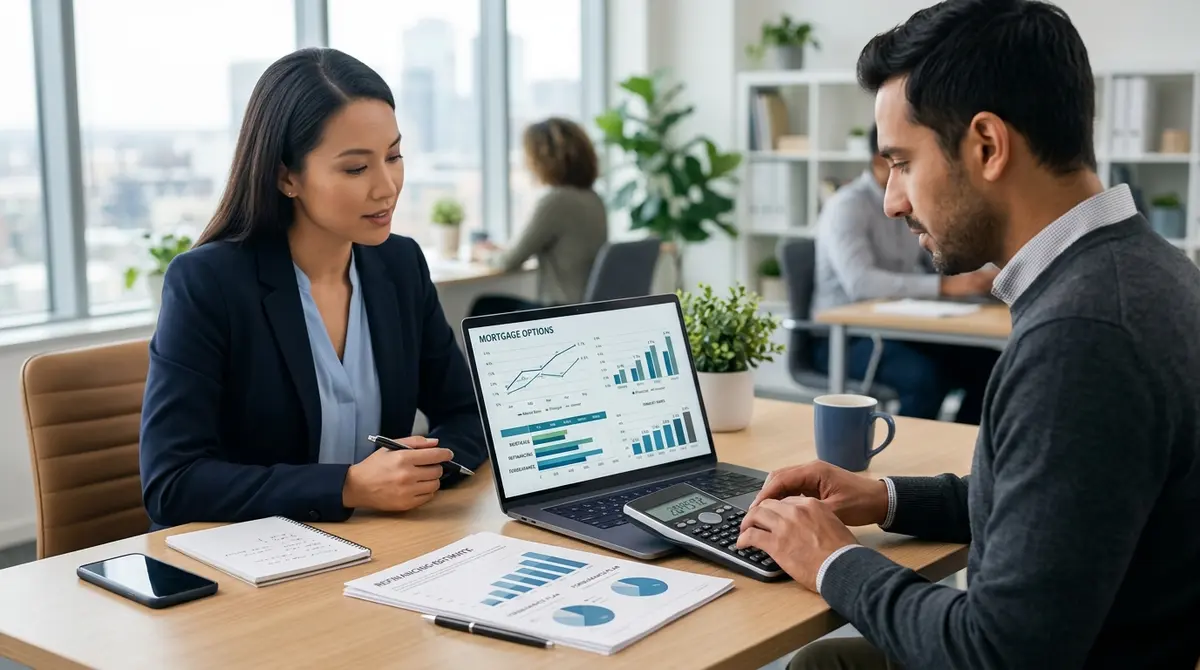 Financial charts and a calculator showing mortgage refinancing and forbearance options