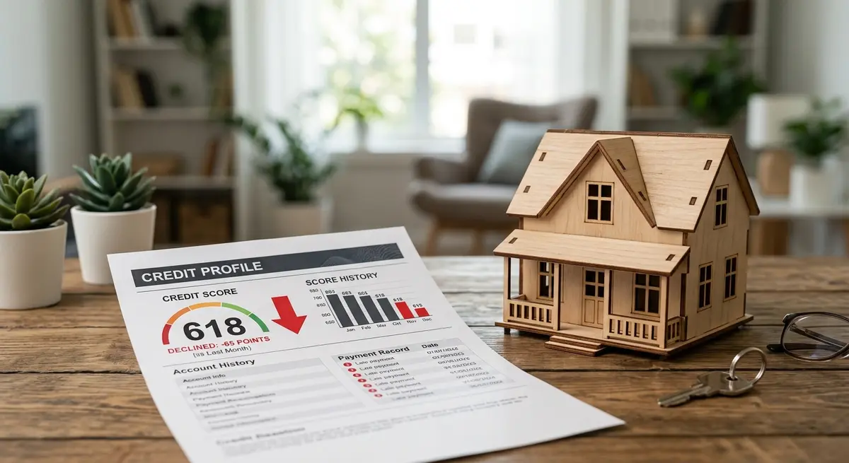 A credit report showing a declining score next to a wooden house model, illustrating the financial impact of inaction
