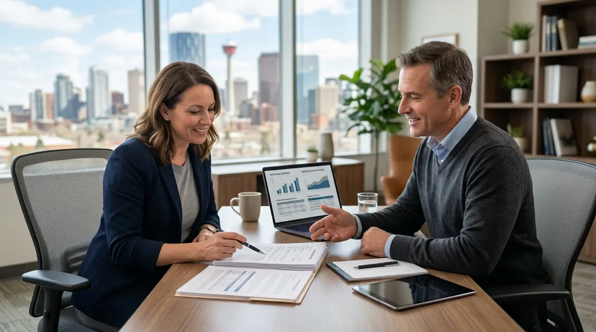 Calgary homeowner reviewing loan restructuring documents with a financial advisor at a desk