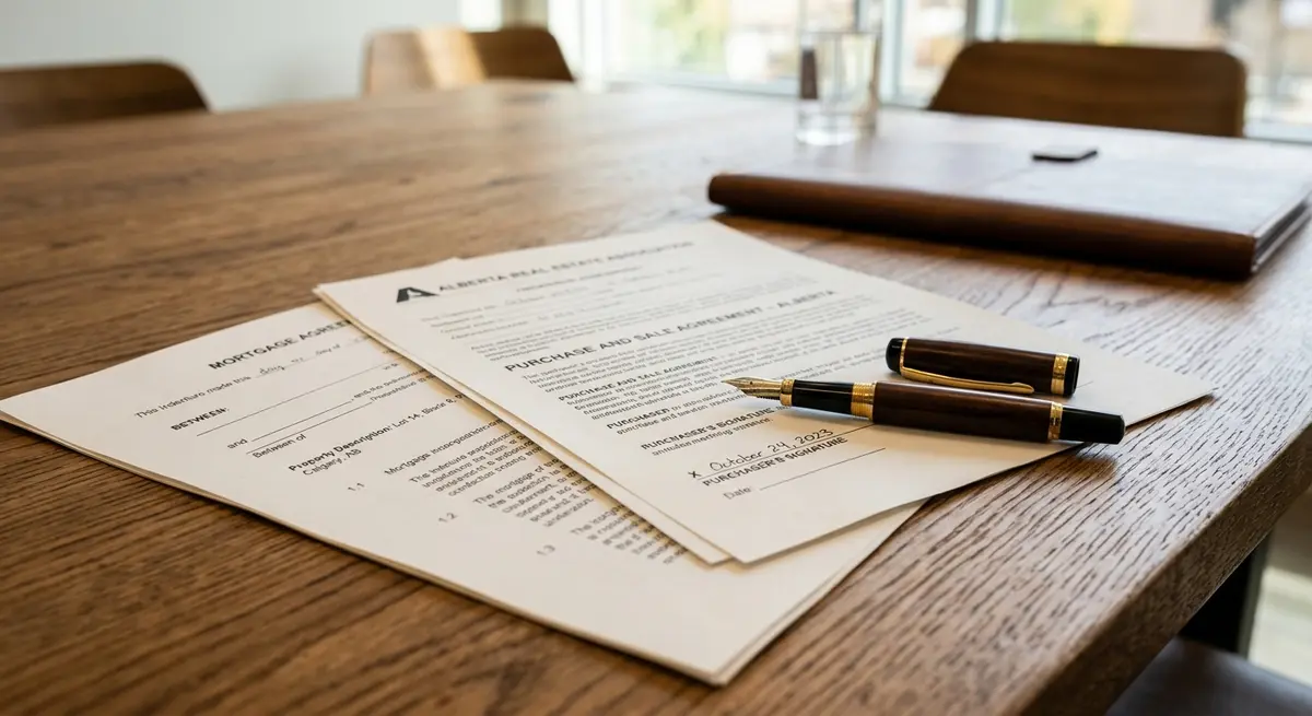Close up of legal real estate documents and a pen on a wooden table in Alberta